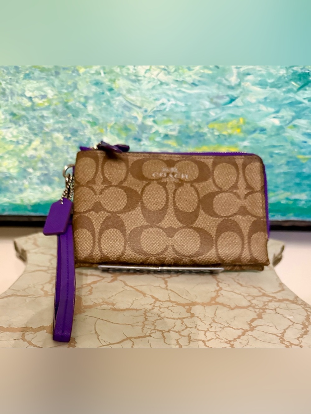Coach Signature Canvas Wristlet in Brown with Purple Accents